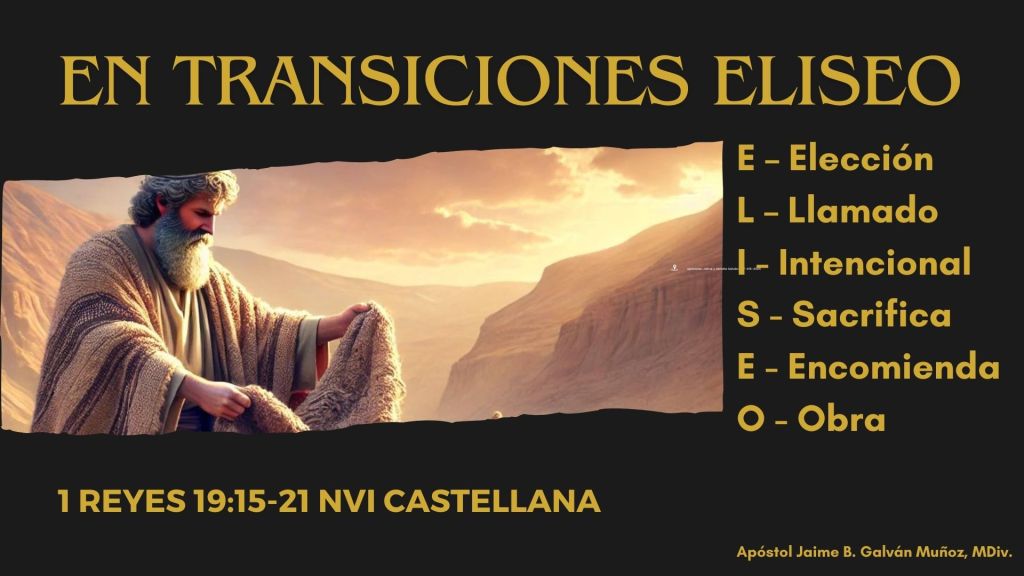 En este poderoso mensaje titulado "En Transiciones ELISEO", el Apóstol Jaime B. Galván Muñoz, MDiv, nos guía a través del acróstico ELISEO: Elección, Llamado, Intencional, Sacrifica, Encomienda y Obra. Basado en 1 Reyes 19:15-21, este mensaje destaca el proceso de transición de Eliseo hacia su llamado profético, ofreciendo valiosas lecciones para quienes están en medio de cambios y llamados de Dios. ¡No te pierdas esta enseñanza impactante! Transmitido en vivo desde el Canal de YouTube del Centro Cristiano Reino de Embajadores.